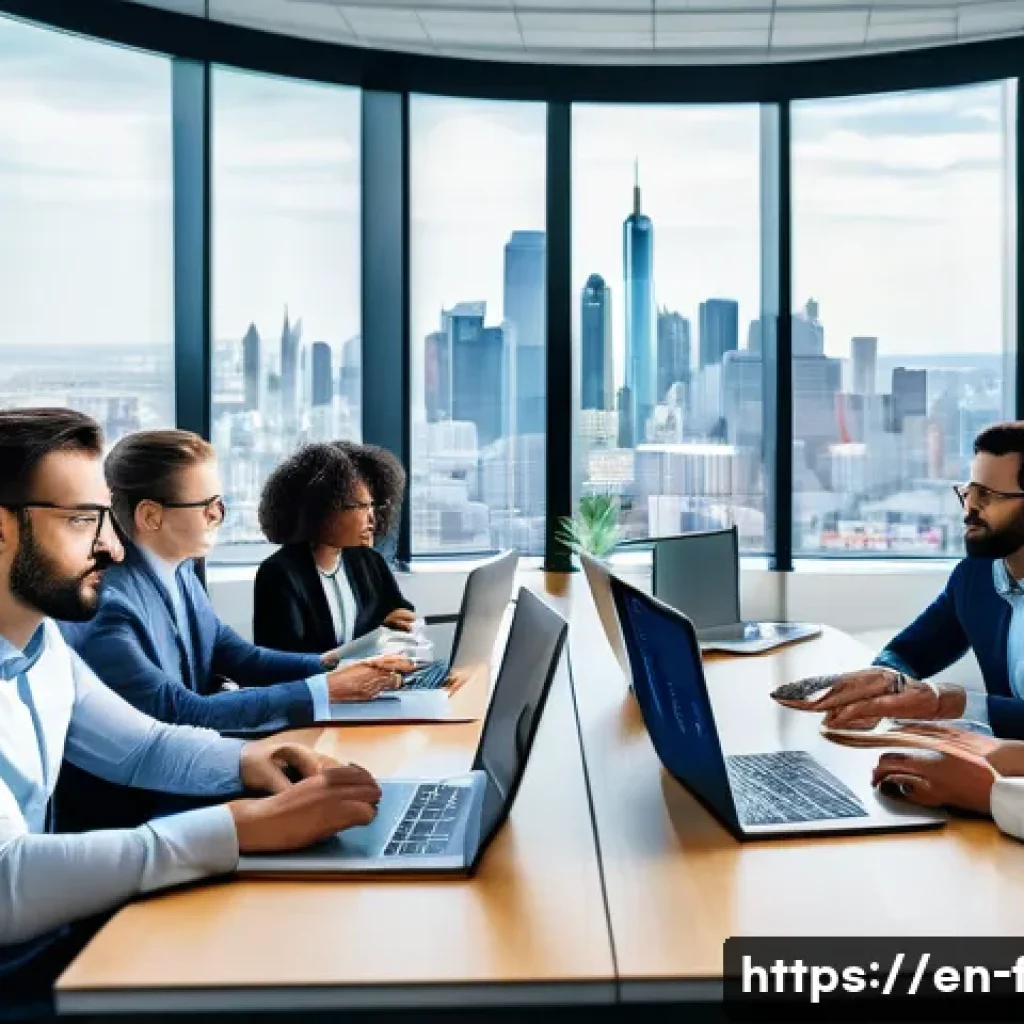 FRM 시험 대비 시뮬레이션 문제 풀이 - A modern office scene showing a diverse group of young professionals collaborating around a large ta...