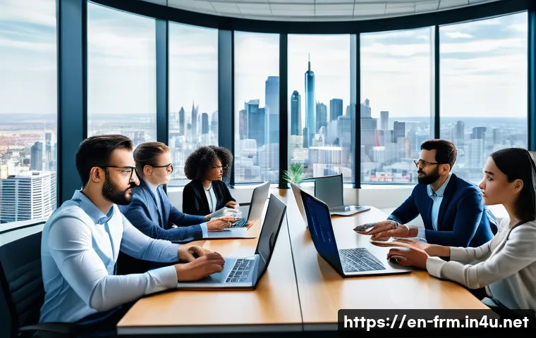 FRM 시험 대비 시뮬레이션 문제 풀이 - A modern office scene showing a diverse group of young professionals collaborating around a large ta...