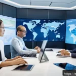 FRM 자격증의 글로벌 활용도 - A professional financial risk manager in a modern international office, analyzing global market risk...