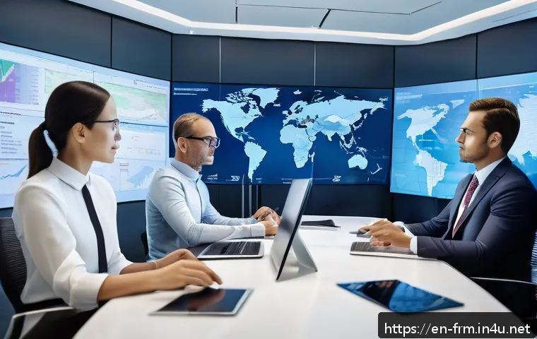 FRM 자격증의 글로벌 활용도 - A professional financial risk manager in a modern international office, analyzing global market risk...
