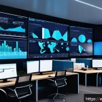 재무위험관리사로서 성장하는 법 - A high-tech financial risk management control room with multiple large digital screens displaying re...