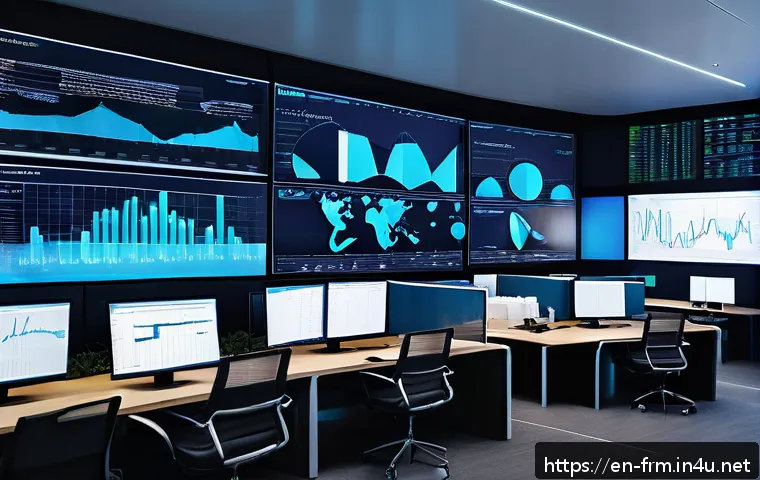 재무위험관리사로서 성장하는 법 - A high-tech financial risk management control room with multiple large digital screens displaying re...