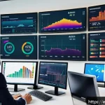재무위험관리사의 실무 문제 해결 사례 - A modern financial advisor’s office with multiple large digital screens displaying diversified asset...
