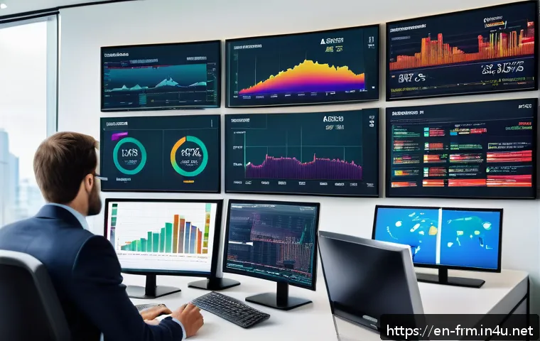 재무위험관리사의 실무 문제 해결 사례 - A modern financial advisor’s office with multiple large digital screens displaying diversified asset...