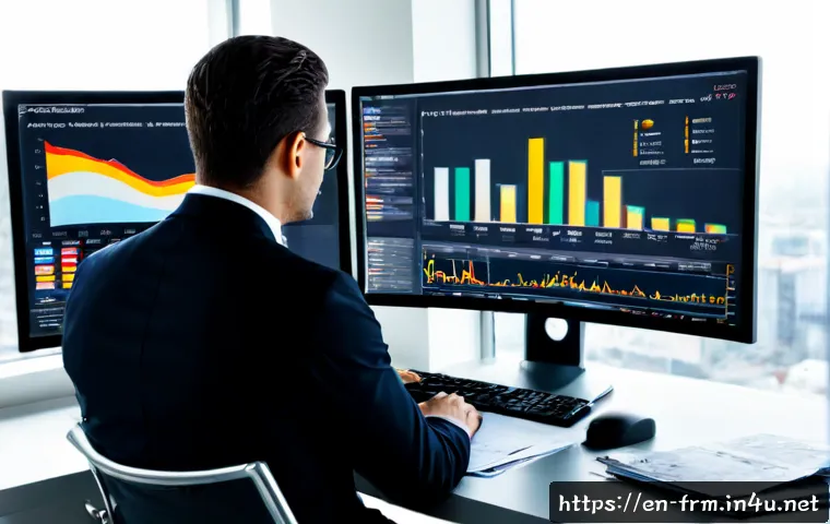 Home 17 재무위험관리사 실무에서 사용하는 소프트웨어 - Photorealistic financial risk manager at a modern American office desk, studying a large dual-monito...