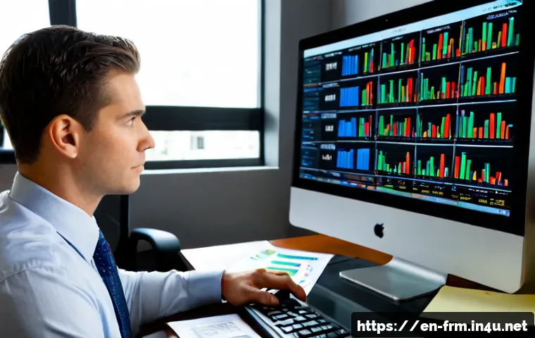 재무위험관리사가 알아야 할 빅데이터 개념 - Photorealistic financial risk analyst at a modern American office desk, studying a large clean dashb...